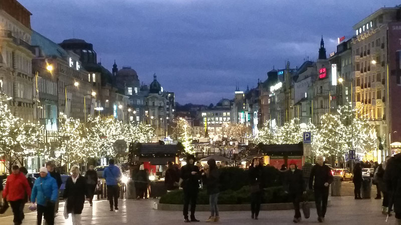 view of wenceslas square in prague at night with christmas market