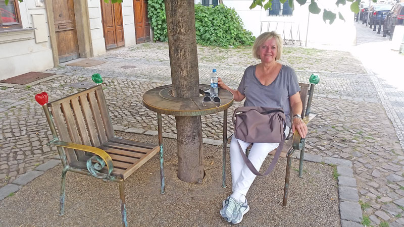 lady sitting in a chair underneath a tree in prague