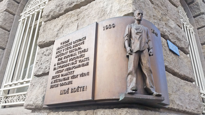 plaque on the former gestapo headquarters in prague during world war two