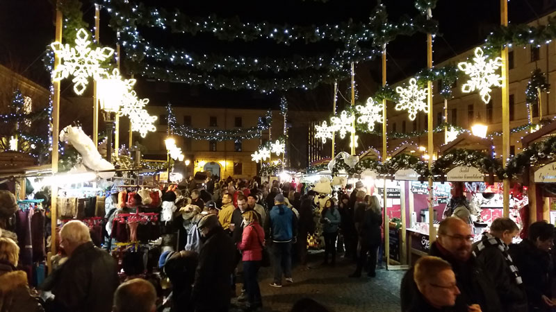prague republic square christmas market at night